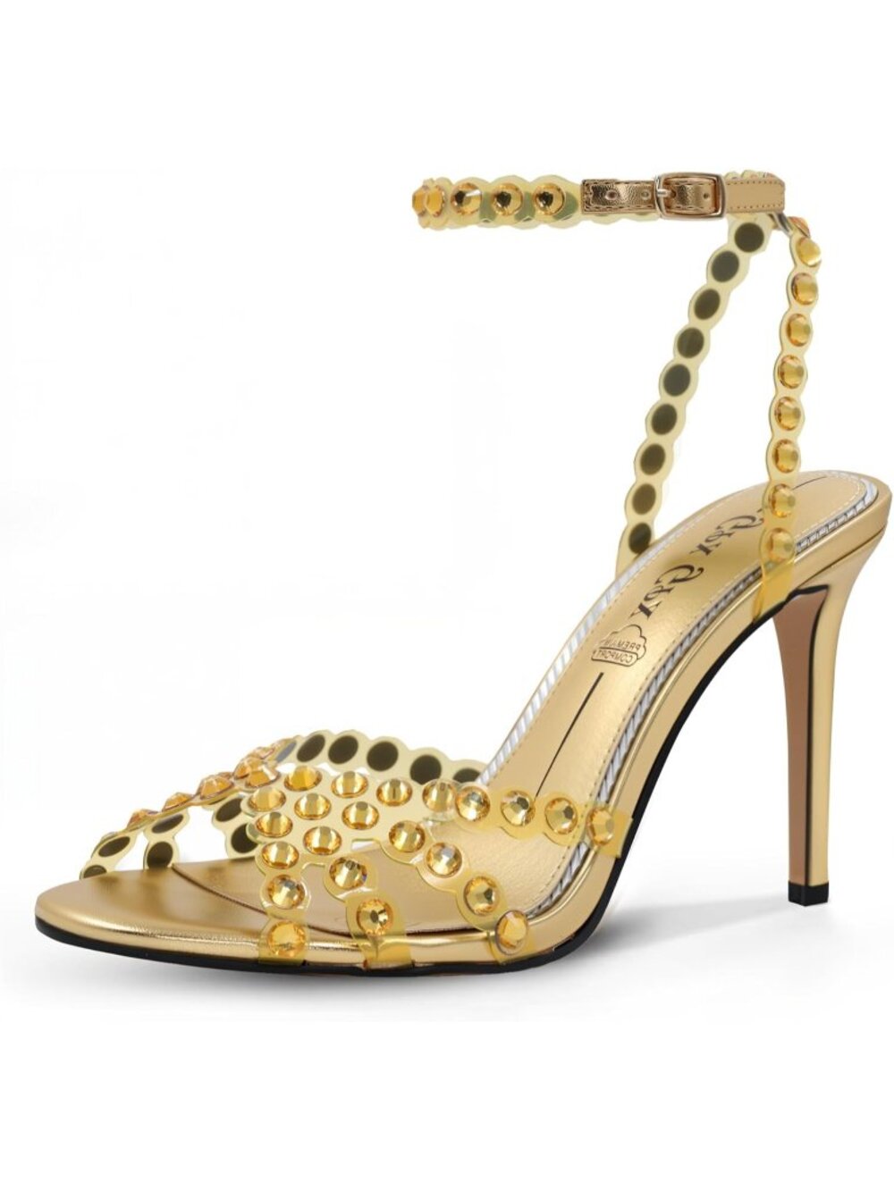 Women's Gold High Clear Strappy Buckle Stiletto Heels Round Toe Sandals Shoes